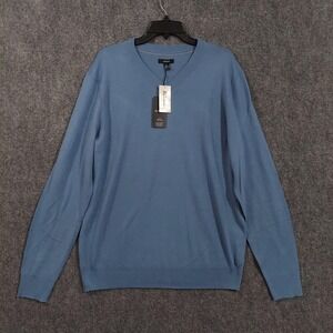 Alfani Sweater Mens Large Blue Merino Wool Blend V Neck Lightweight Pullover